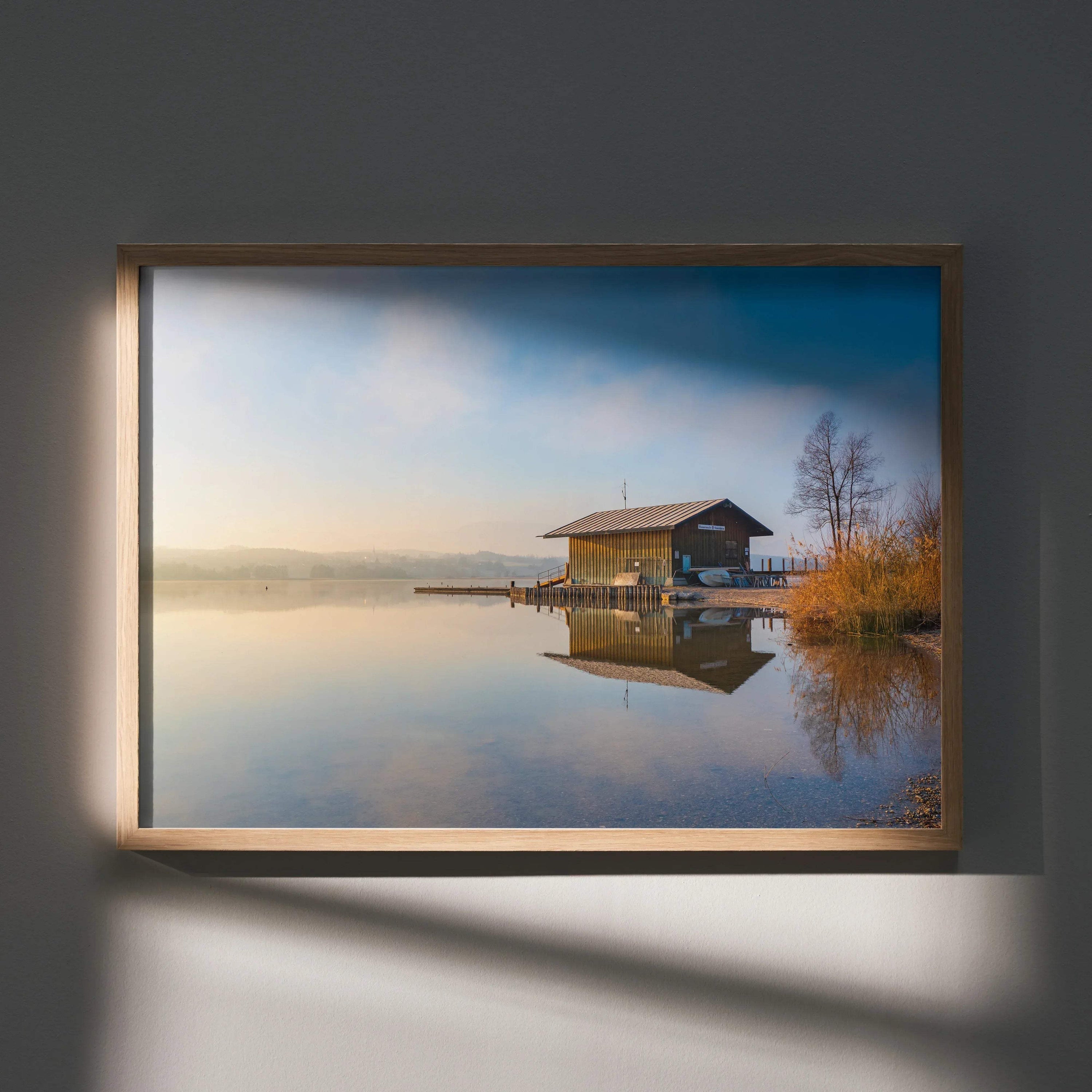 Serene building landscape poster with calm water reflection, warm light, and minimalist wall art design.