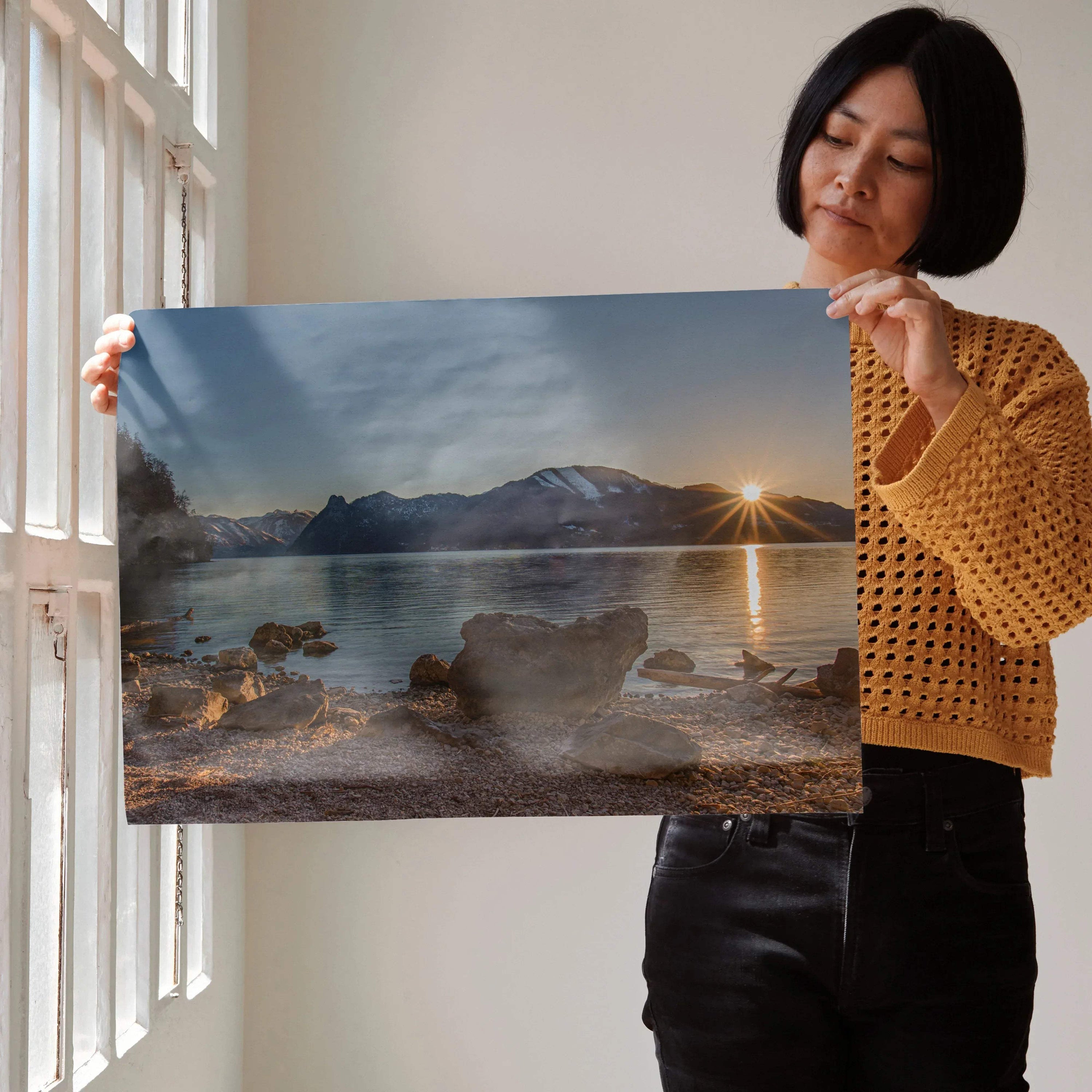 Majestic Mountain Sunset wall art poster featuring sunlit lake and rocky shore at dusk.