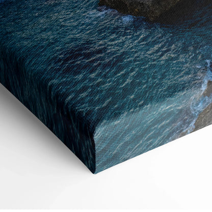 Canvas wall art featuring a vibrant city skyline at sunset with deep blue water reflections.