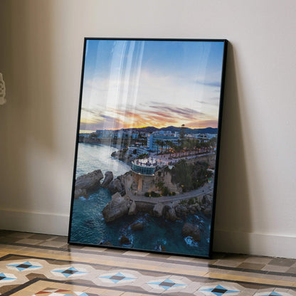 Vibrant city sunset poster with coastal skyline and colorful sky, vertical wall art print.