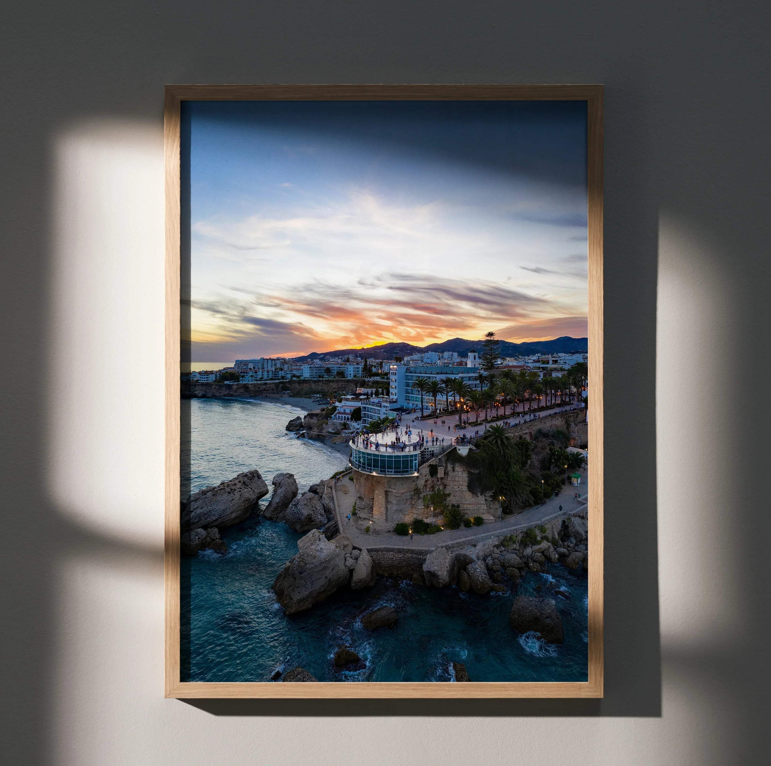 Vertical city sunset art print poster featuring vibrant sky and coastal buildings framed as wall art.