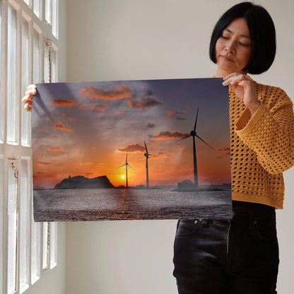 Serene ocean sunset poster featuring wind turbines and distant islands, vibrant sky colors wall art.