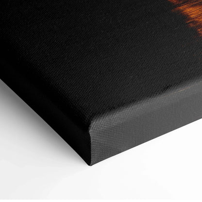 Black-edged canvas wall art with deep sunset orange and dark shadow hues in vertical style.