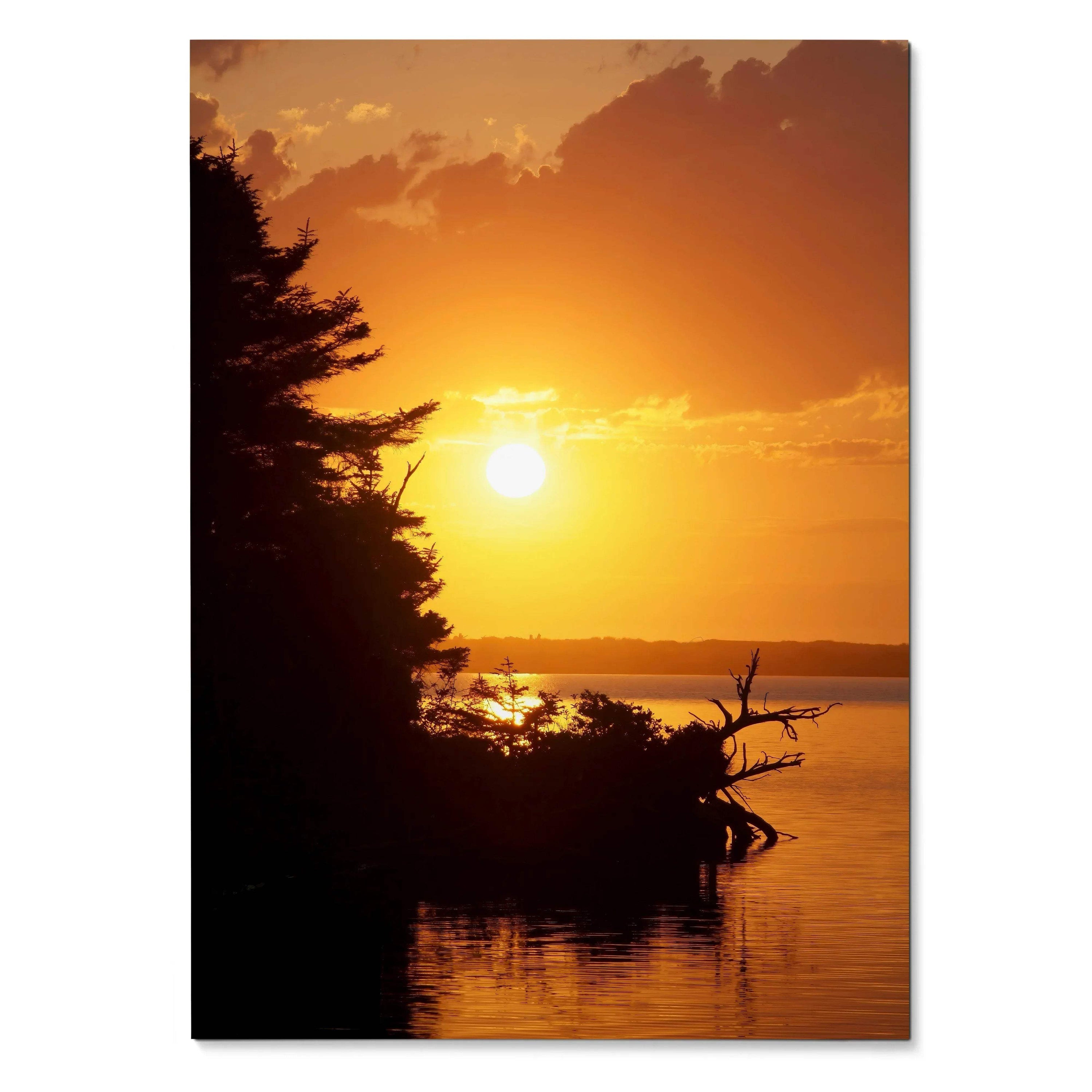 Vertical sunset poster featuring fiery orange sky, silhouetted trees, and calm water reflecting light Wall art print.