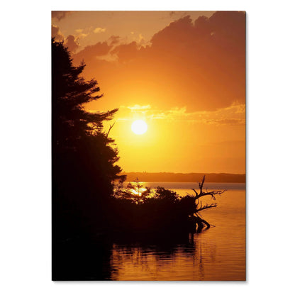 Vertical sunset poster featuring fiery orange sky, silhouetted trees, and calm water reflecting light Wall art print.