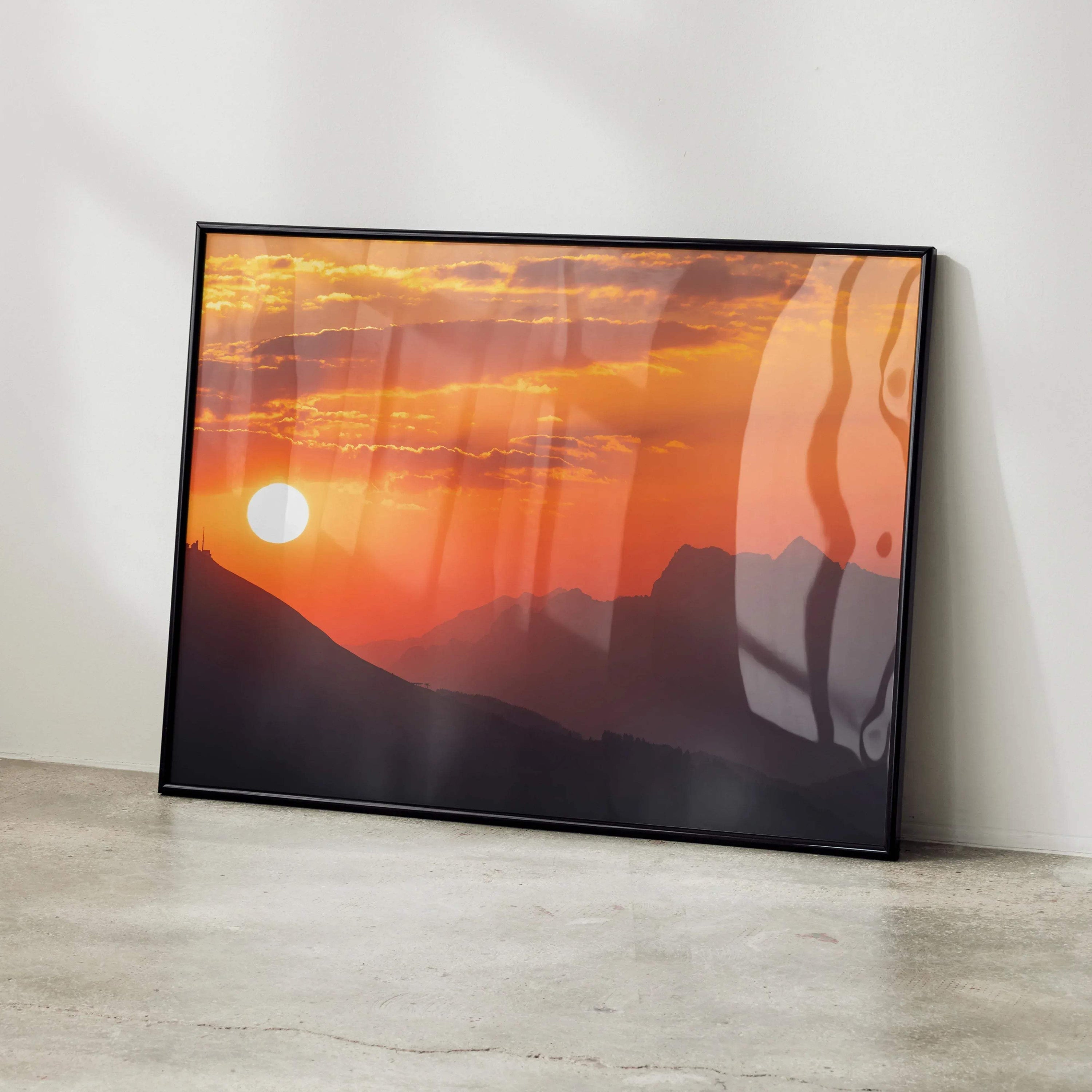 Majestic mountain sunset art print with vibrant orange sky, framed poster for wall art display.