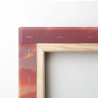 Rustic wooden canvas frame with reddish-orange textured border for mountain forest sunset art