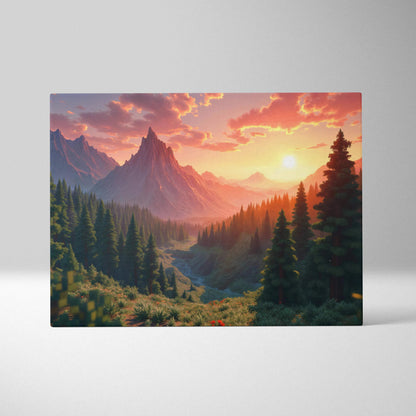 Cinematic mountain forest sunset canvas art with glowing orange sky and green pines
