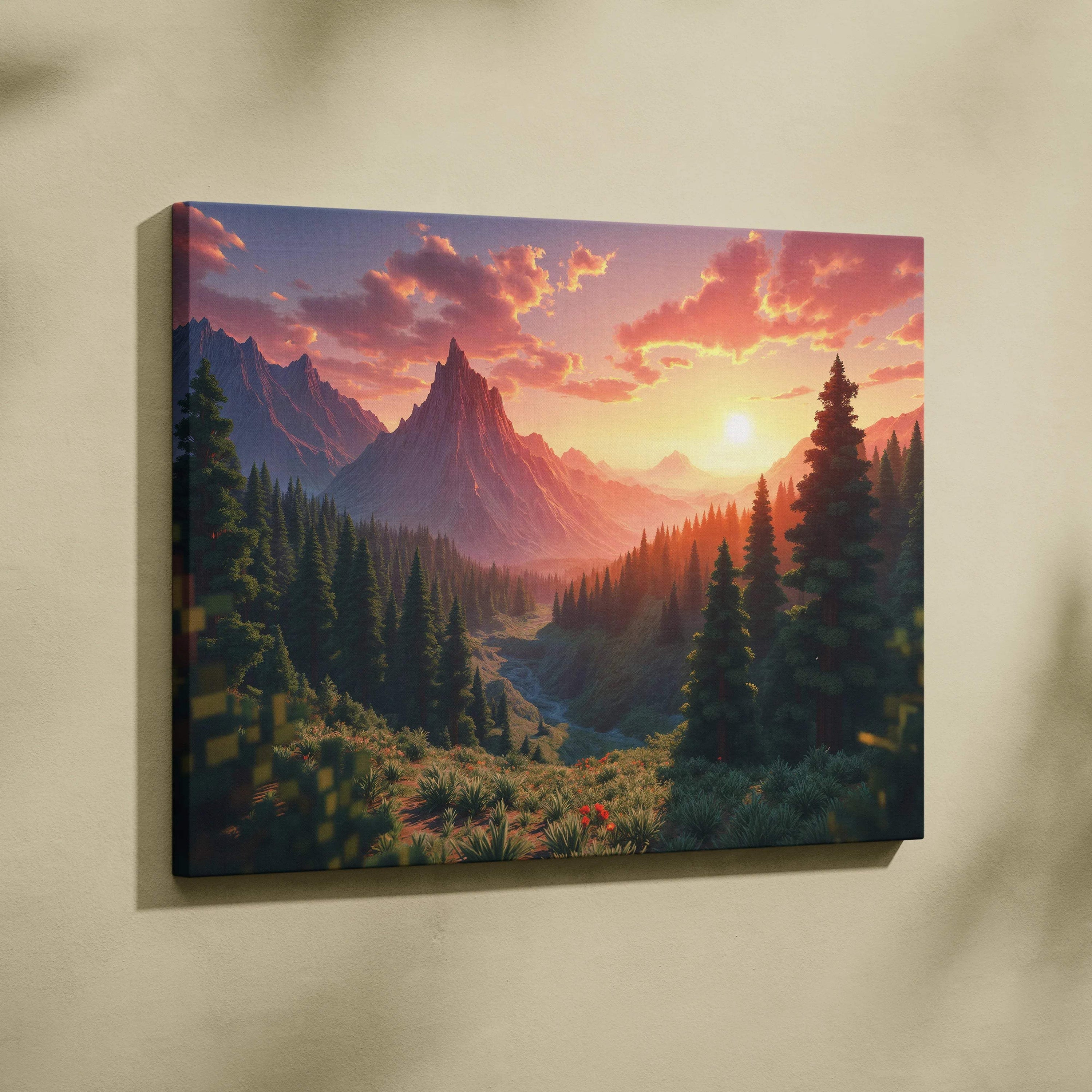 Cinematic mountain forest sunset canvas wall art with glowing orange sky and deep green pines