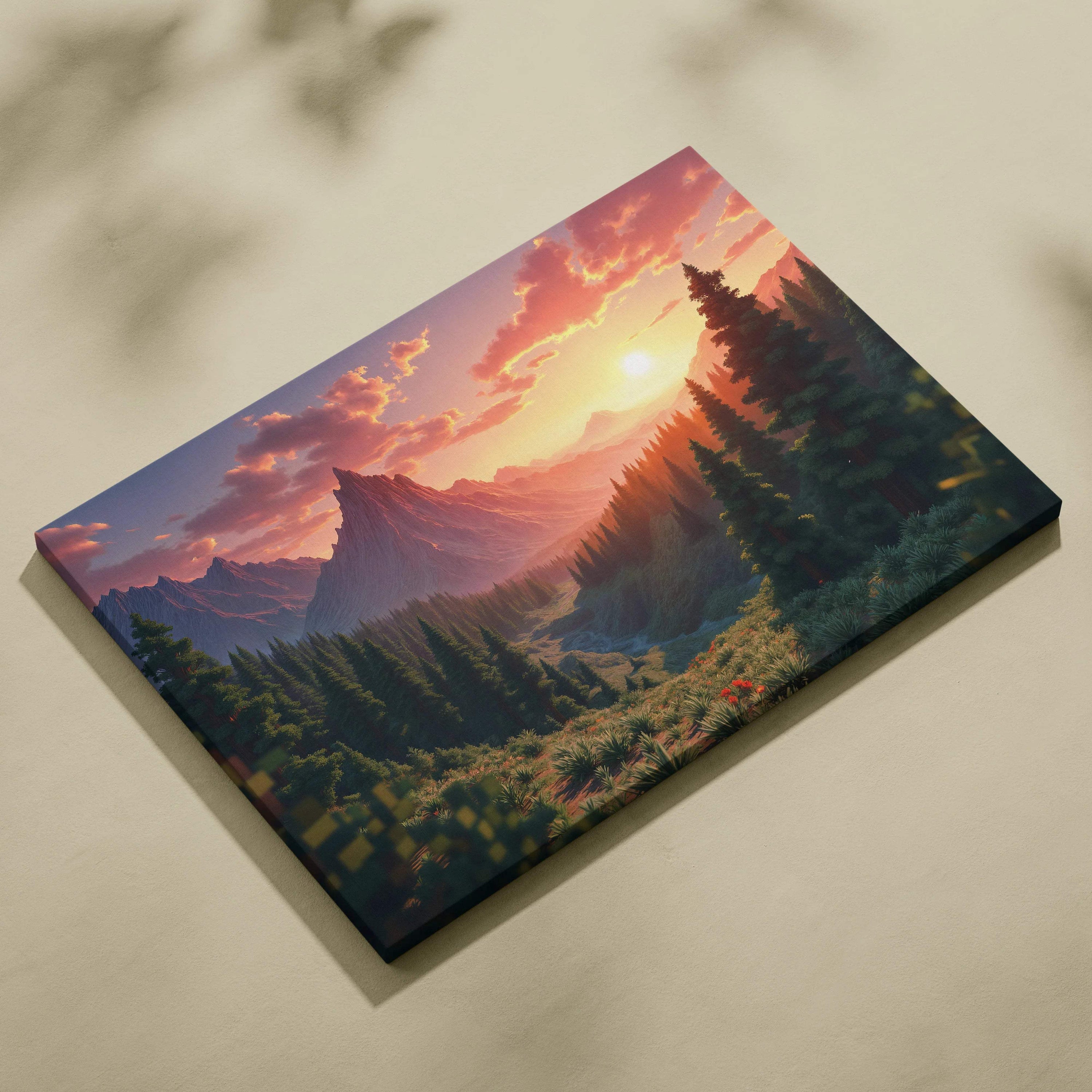 Cinematic mountain forest sunset canvas wall art with glowing orange sky and deep green pines