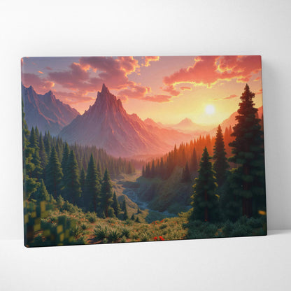 Cinematic mountain forest sunset canvas wall art with glowing orange sky and deep green pines