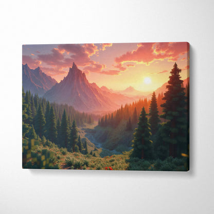 Cinematic mountain forest sunset canvas wall art with glowing orange sky and deep green pines