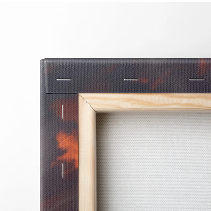 Close-up of stretched canvas with tropical sunset colors on wooden frame corner for wall art.