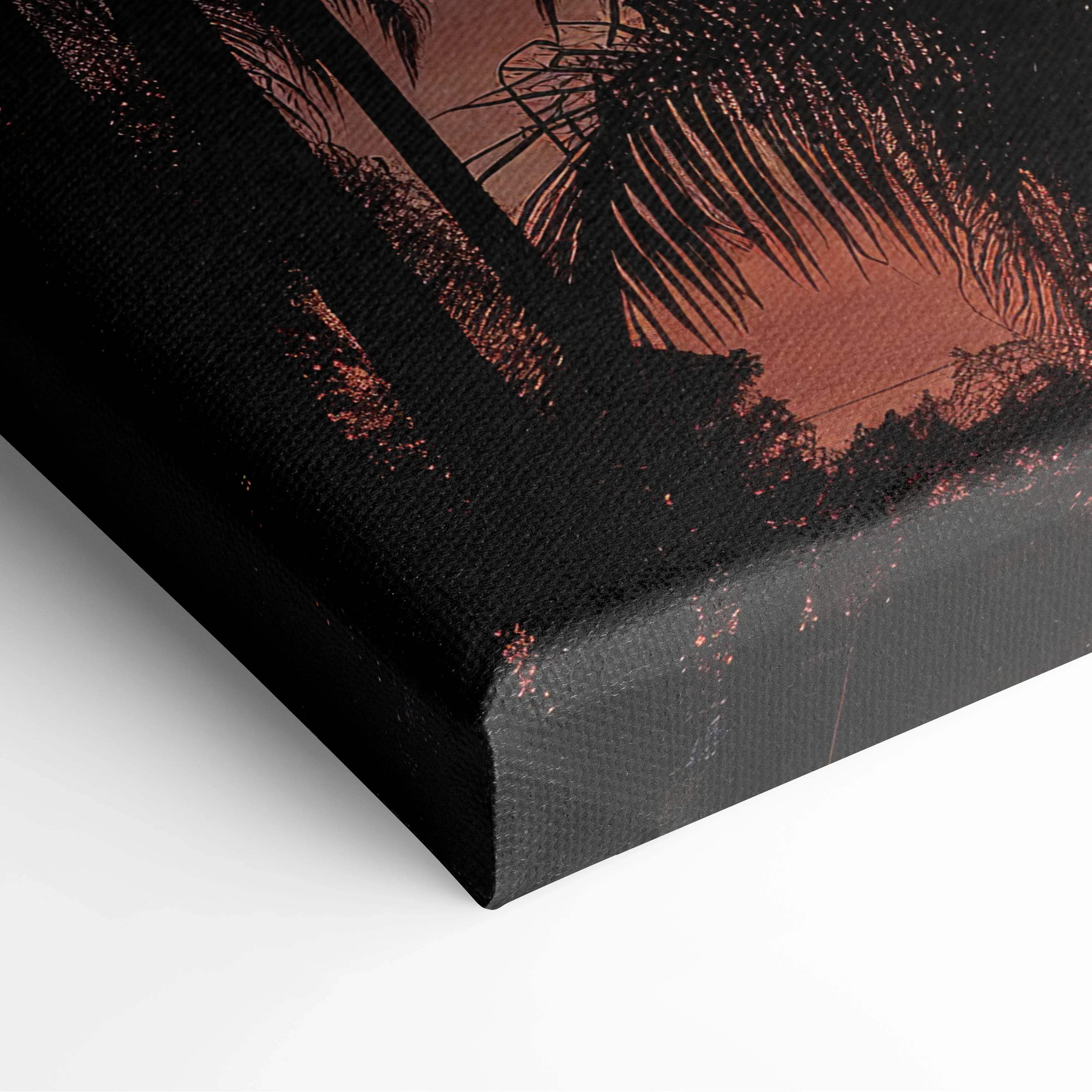 Black canvas print featuring silhouetted palm trees against a warm rust-colored sunset tropical wall art