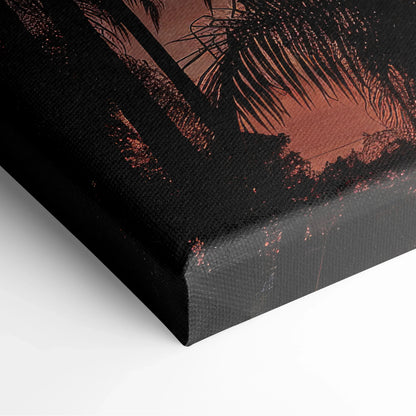 Canvas art with black palm tree silhouettes against a warm orange and red tropical sunset background.