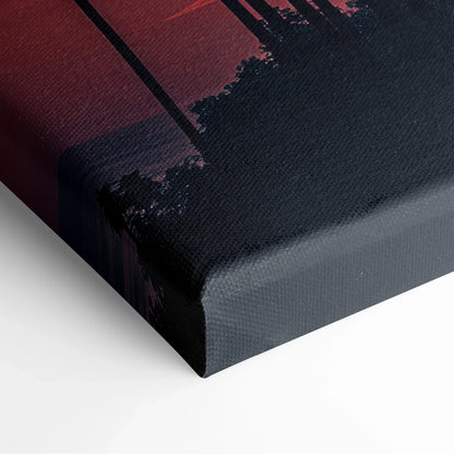 Close-up of canvas wall art corner featuring textured fabric with dark tropical palm tree silhouettes against a deep red.