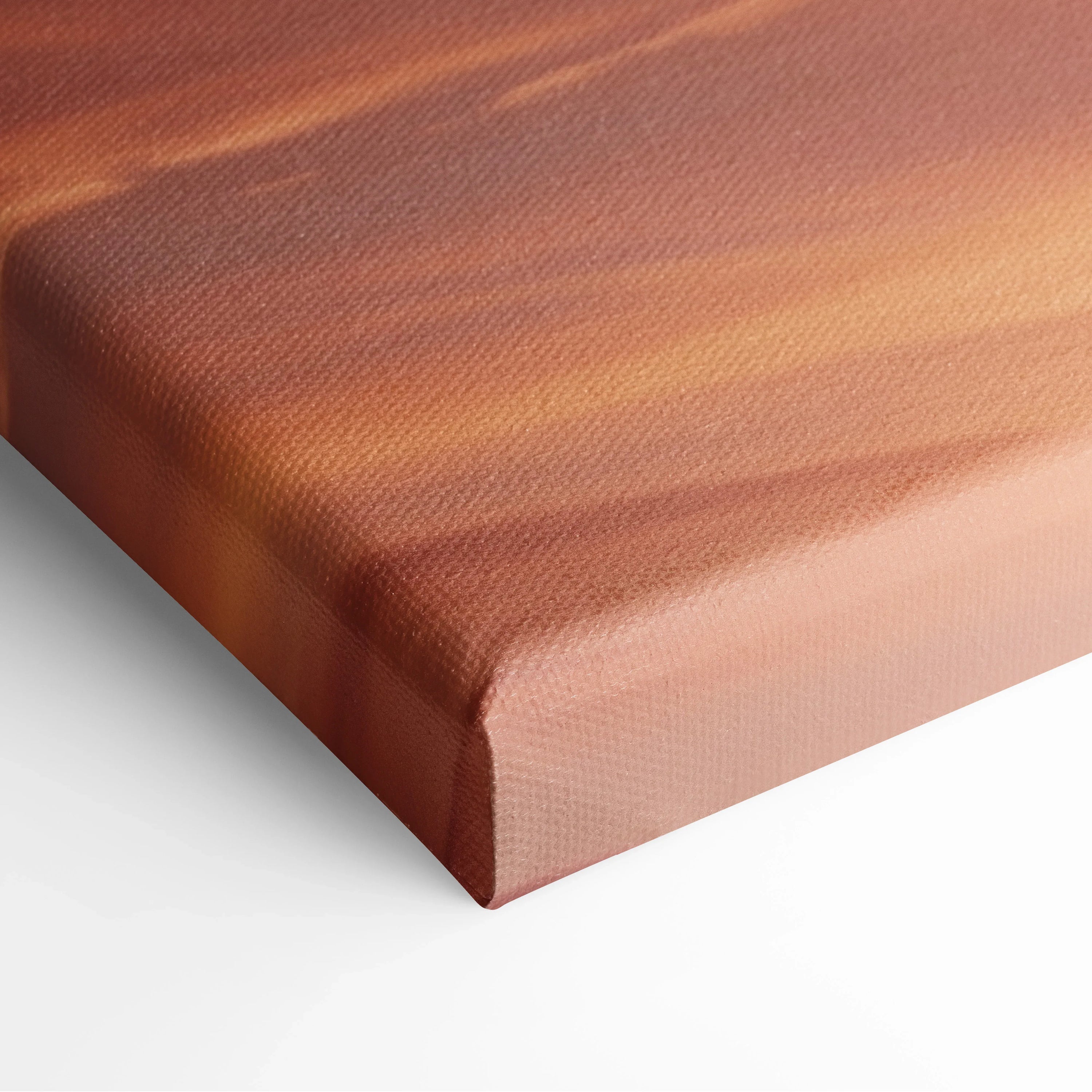 Close-up of palm tree sunset silhouette tropical landscape canvas wall art with warm orange tones and textured decor surface.