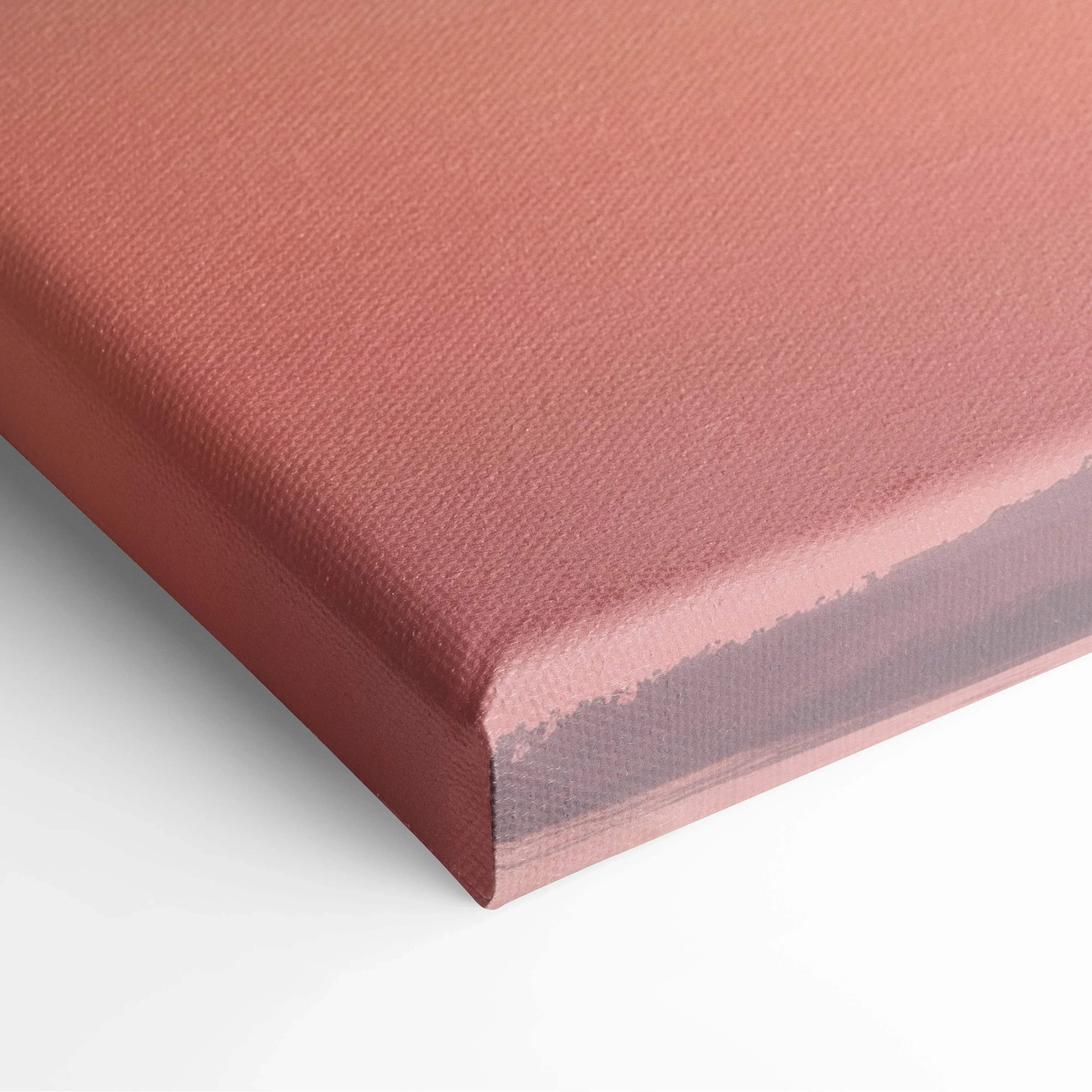 Matte rose gold palm tree sunset canvas wall art with textured woven fabric surface for tropical home decor