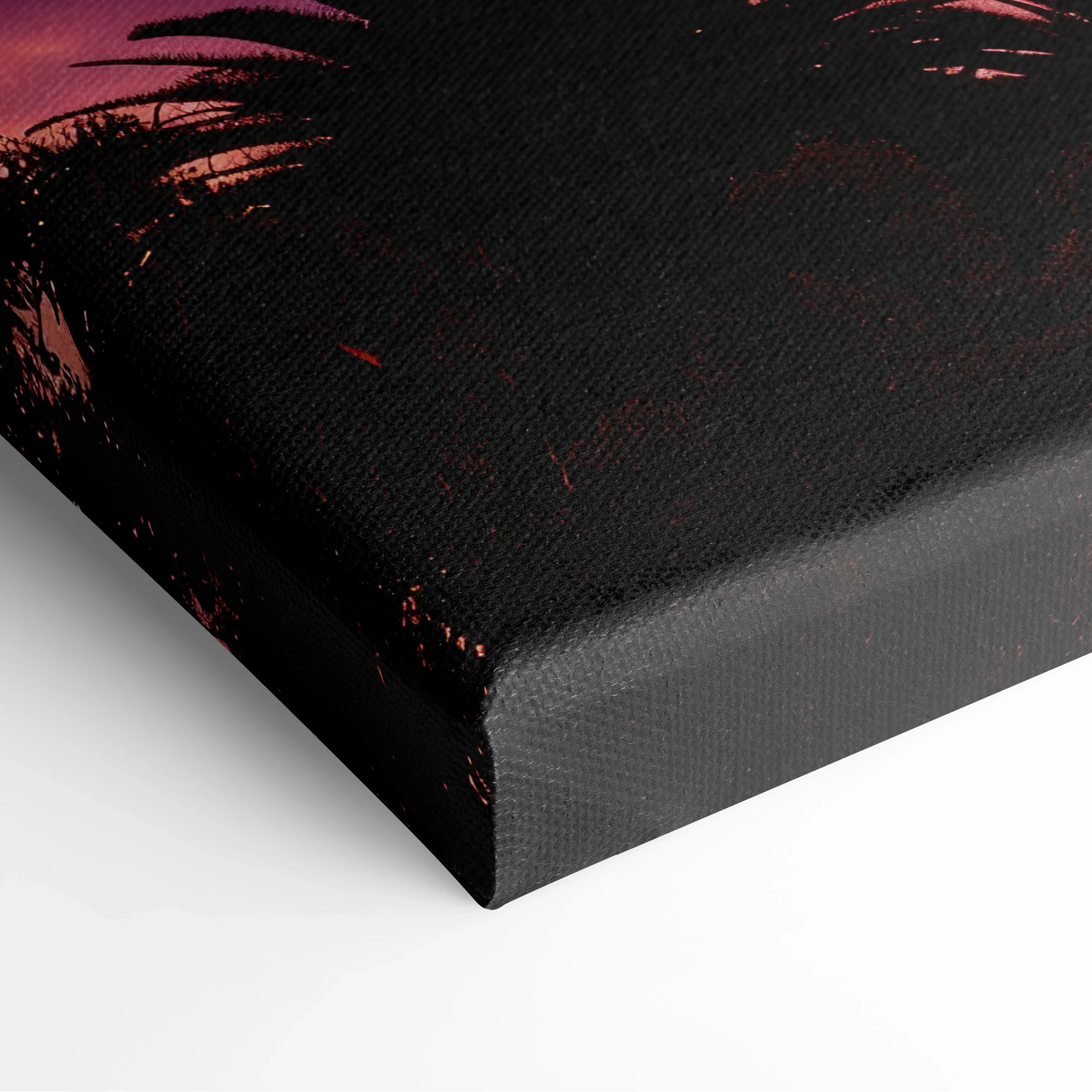 Black canvas art with vibrant purple and orange tropical sunset silhouette of palm trees, stretched edge wall decor.