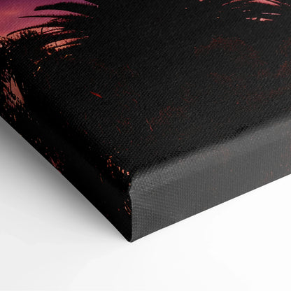 Black canvas art with vibrant purple and orange tropical sunset silhouette of palm trees, stretched edge wall decor.