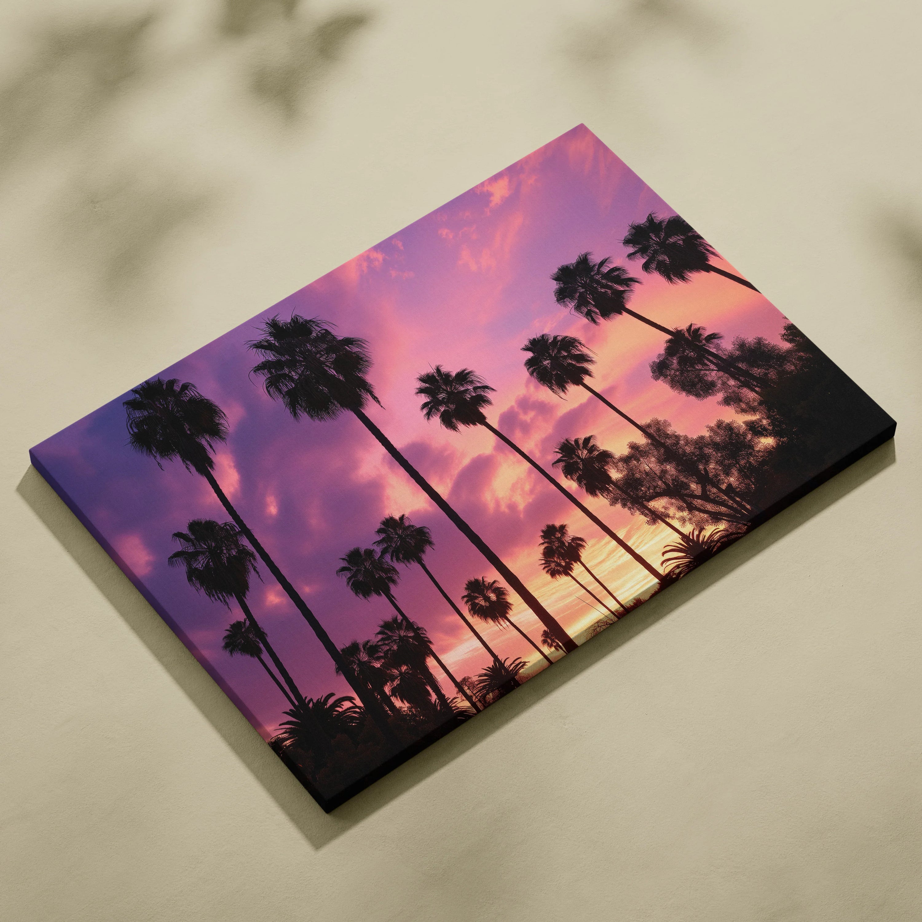 Tropical sunset silhouette palm trees digital art on canvas wall decor with purple and orange sky.