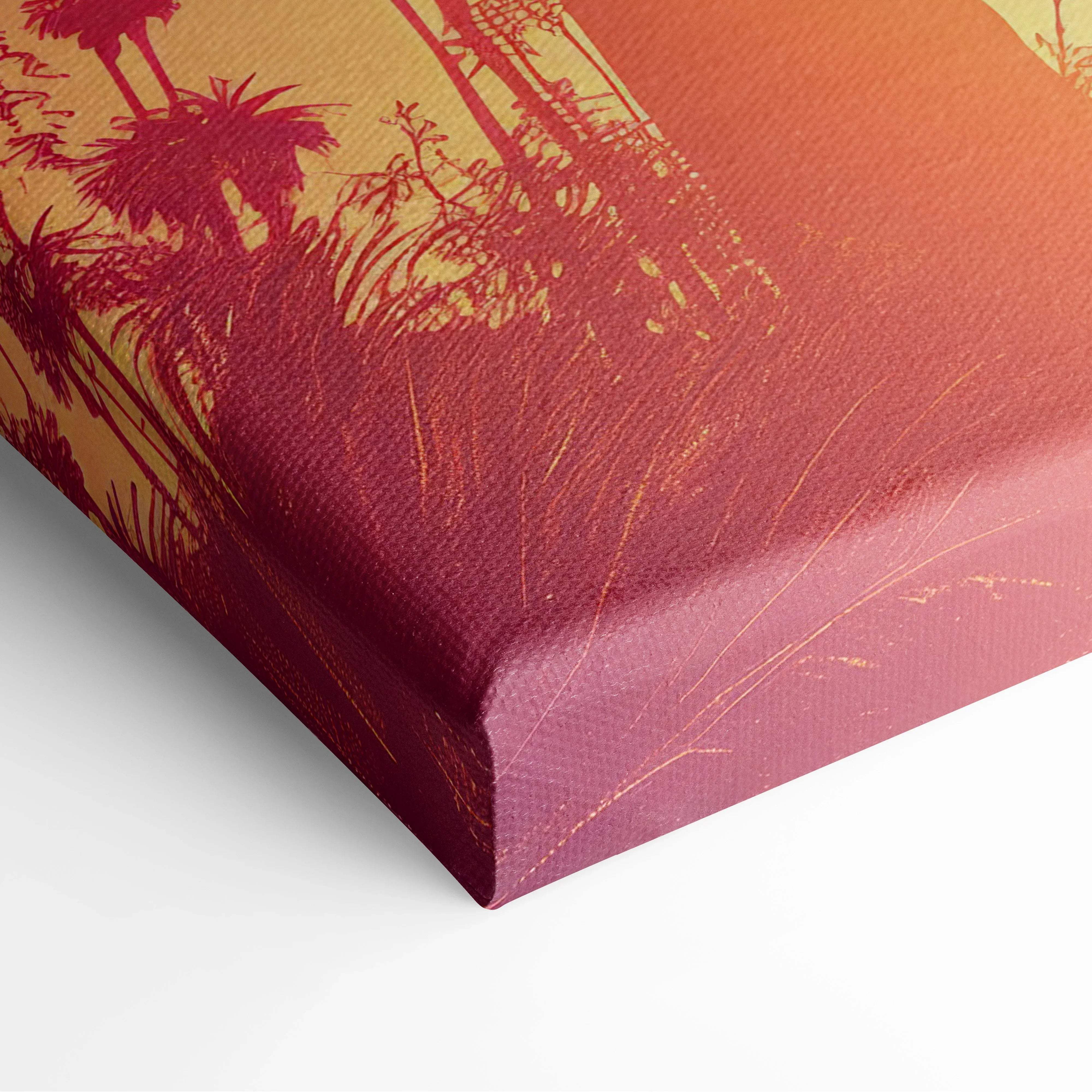 Vibrant palm tree silhouette sunset canvas wall art in reds gold on textured fabric with coral peach teal sky warmth