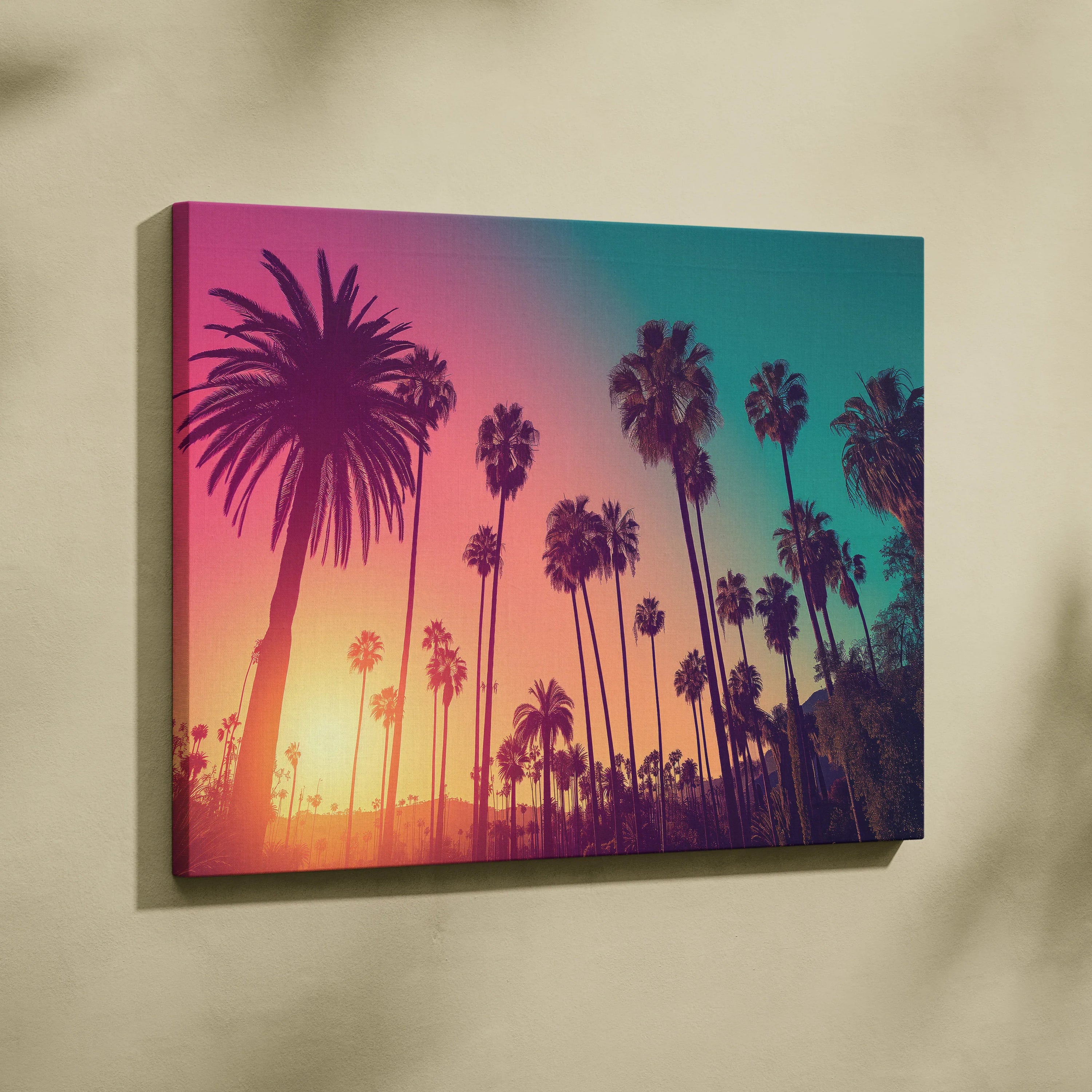 Colorful digital art canvas wall decor featuring tropical palm tree silhouettes against a vibrant sunset sky.