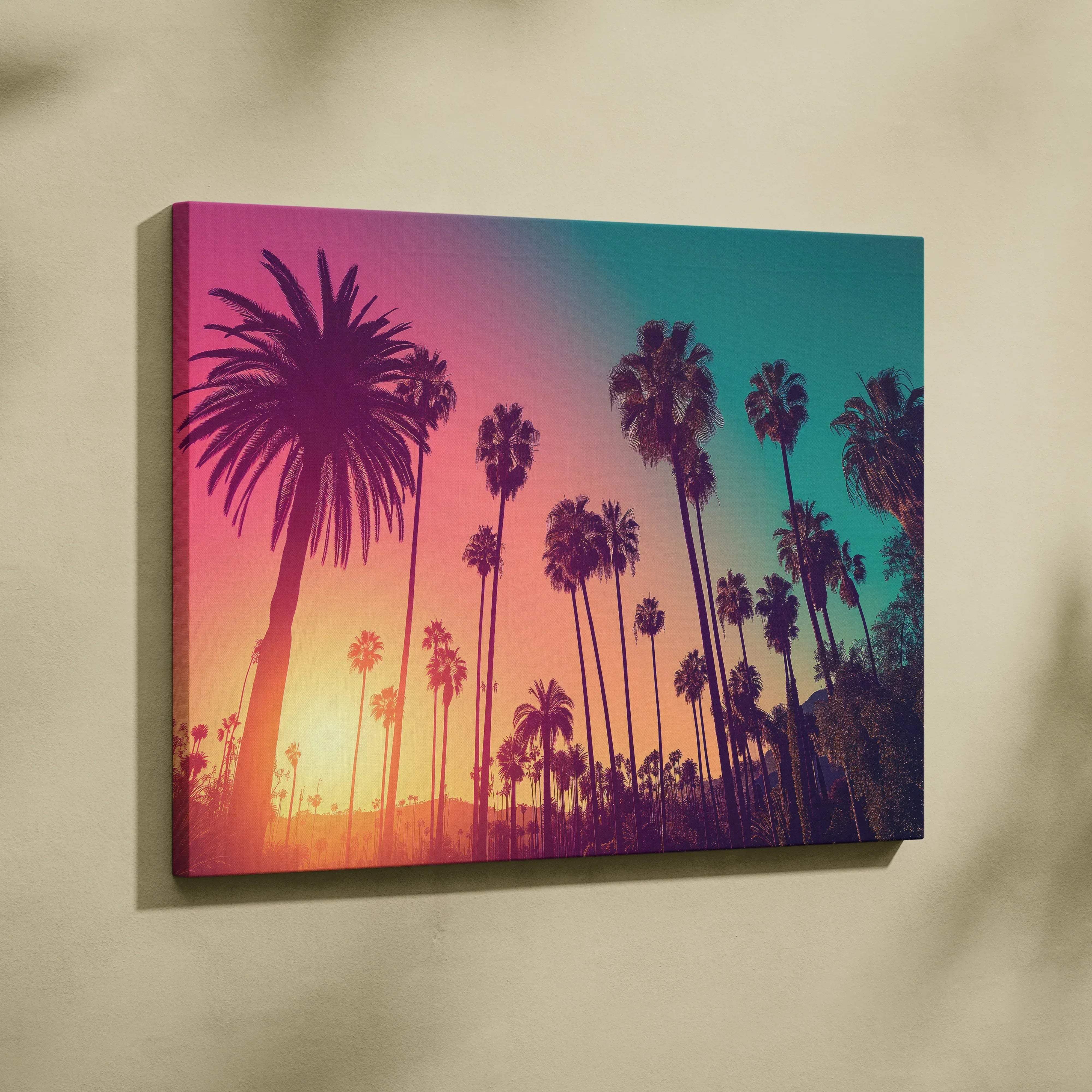 Vibrant canvas print of silhouetted palm trees against a coral peach teal gradient sky for tropical wall art