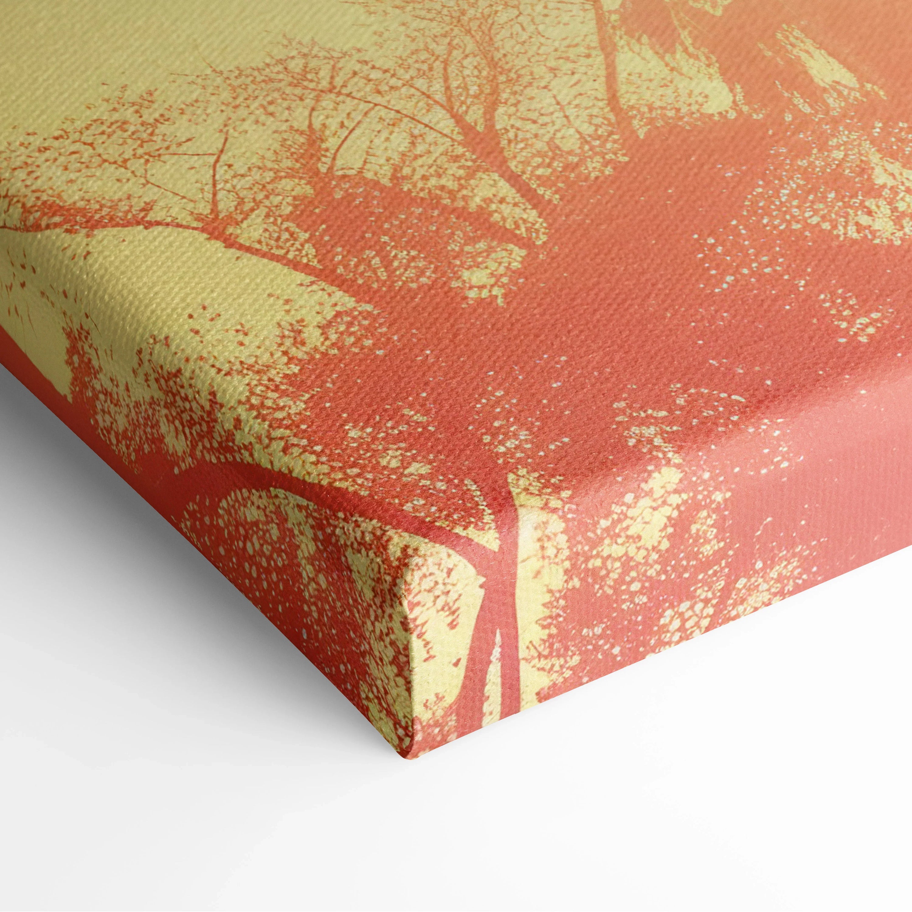 Tropical palm tree silhouette on warm amber and teal canvas wall art decor corner close-up.