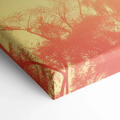 Tropical palm tree silhouette on warm amber and teal canvas wall art decor corner close-up.