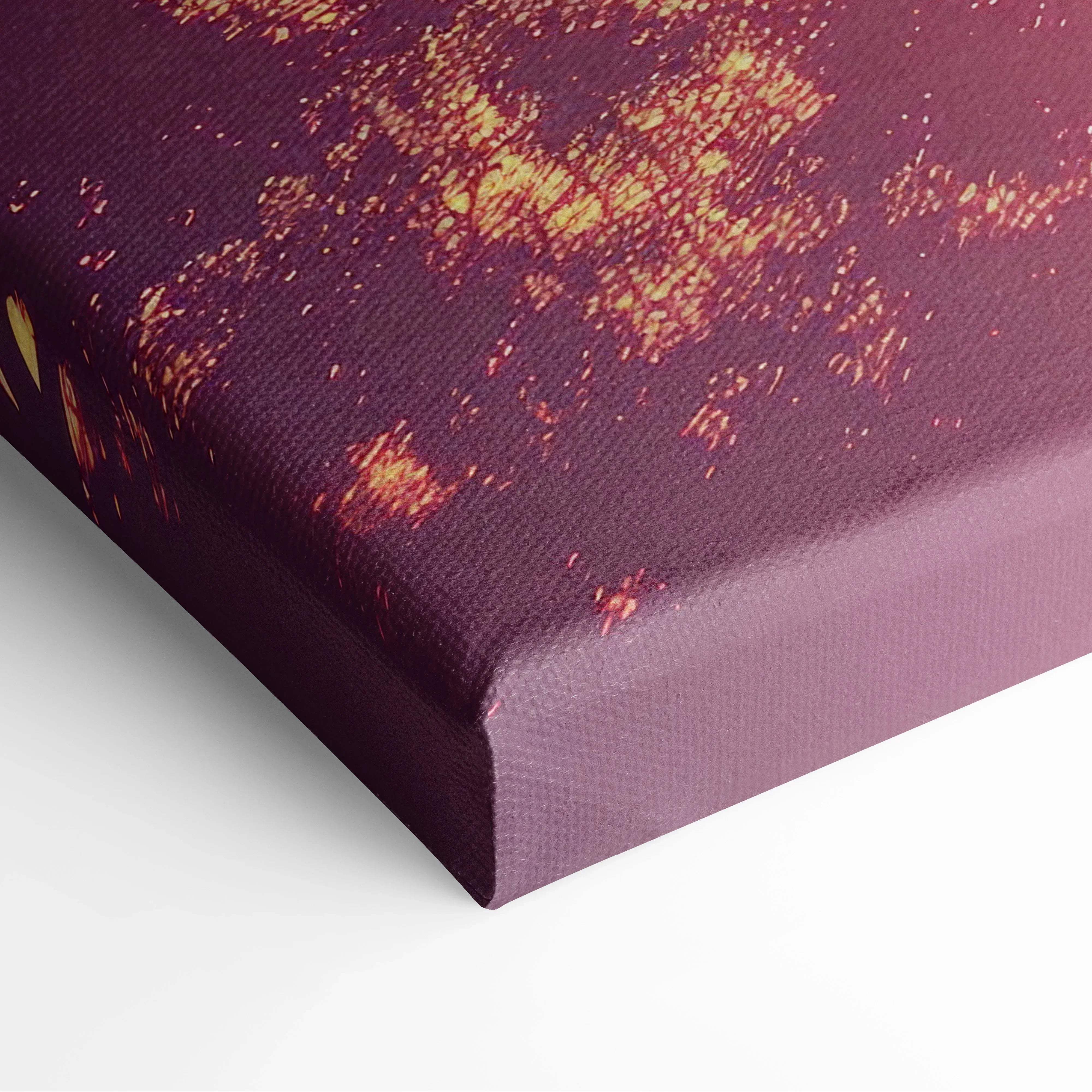 A deep purple canvas wall art with textured golden splatter design titled palm tree sunset silhouette decor