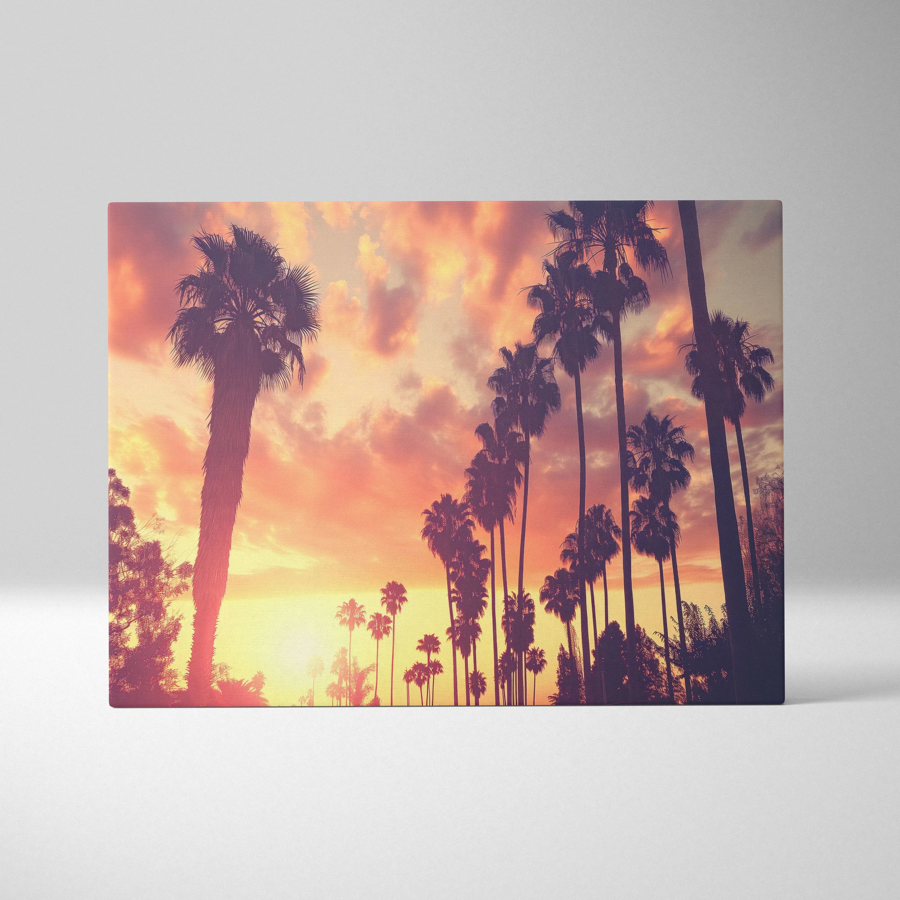 Canvas art featuring tall palm trees in silhouette against a vibrant orange and pink tropical sunset sky.