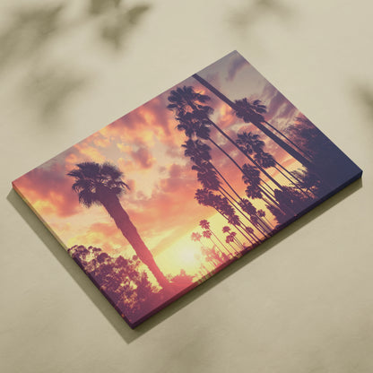 Canvas wall art featuring a tropical palm tree silhouette against a vibrant sunset sky.