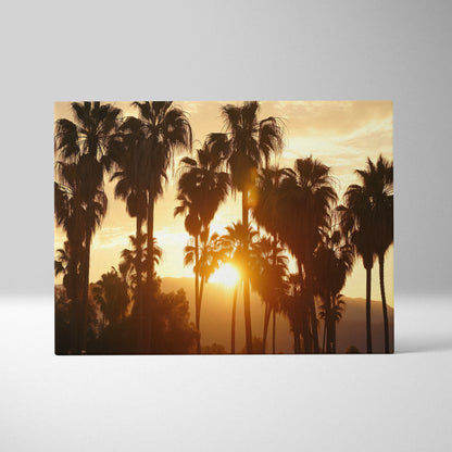Canvas art featuring digital tropical sunset with silhouette palm trees in warm golden hues for wall art.