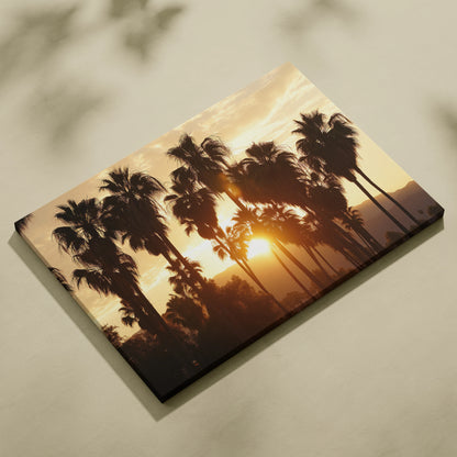 Canvas wall art featuring a tropical sunset with black palm tree silhouettes against a warm orange and yellow sky.