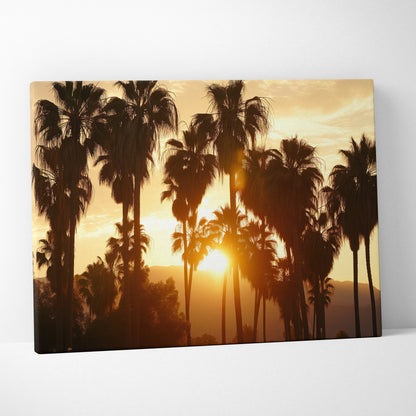 Canvas art featuring silhouette palm trees against a warm tropical sunset with golden orange hues.