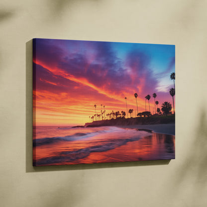 Tropical sunset beach scene with silhouette palm trees on vibrant orange and purple canvas wall art decor.