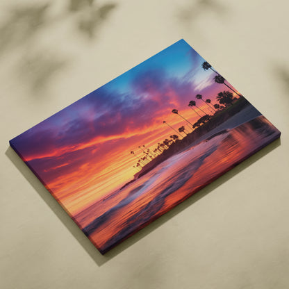 Canvas art featuring a vibrant tropical sunset with silhouette palm trees over a calm beach and reflective water surface.