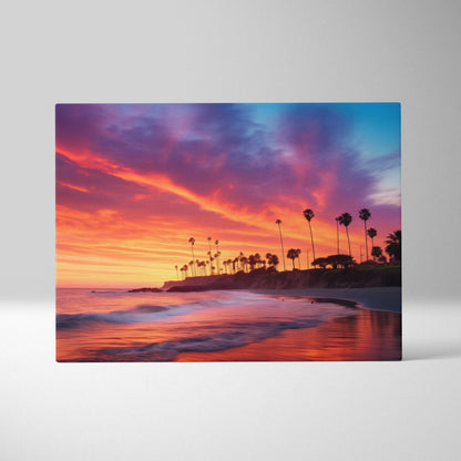 Canvas wall art featuring a vibrant tropical sunset with orange, pink, and purple sky over silhouetted palm trees on a.