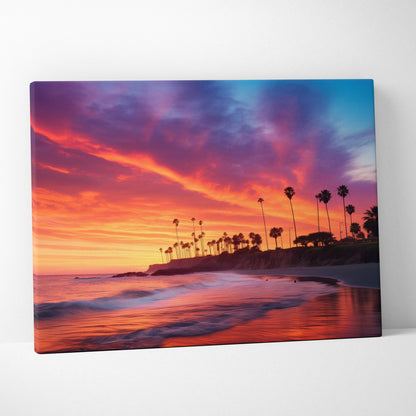 Canvas wall art featuring silhouetted palm trees against a vibrant tropical sunset sky over a calm beach.