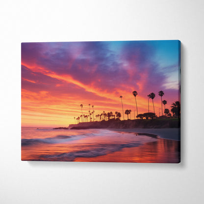 Canvas wall art featuring silhouette palm trees against a vibrant orange and purple sunset sky over a beach shoreline.