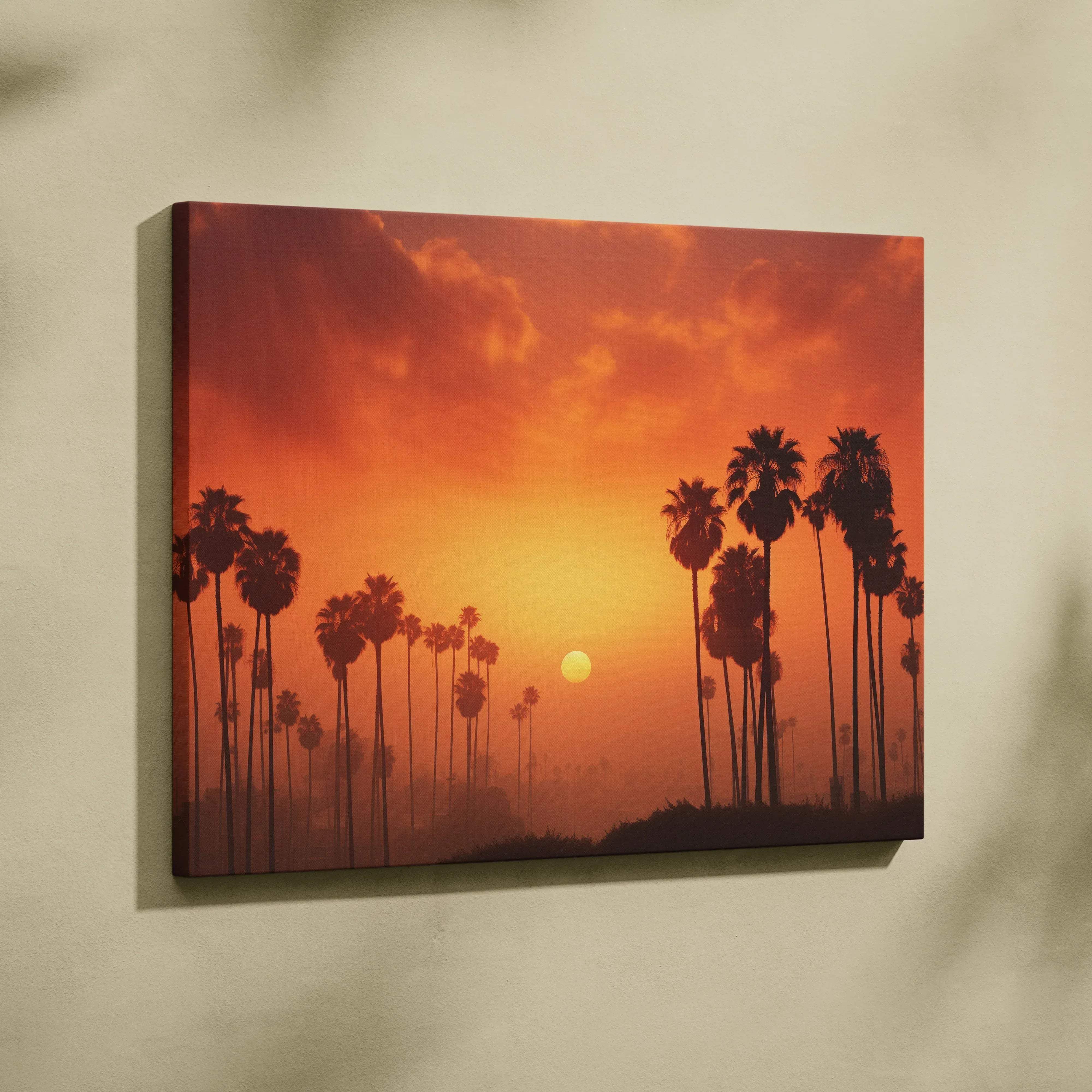 Vibrant orange sunset canvas wall art featuring silhouetted palm trees against a glowing tropical sky