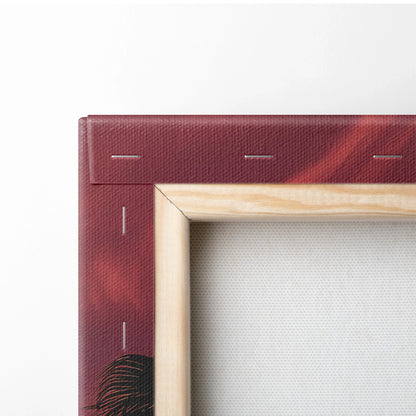 Close-up of brown canvas wall art corner with wooden frame showing stretched fabric and staples.