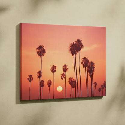 Tropical sunset palm trees silhouette canvas wall art with warm orange sky decor.