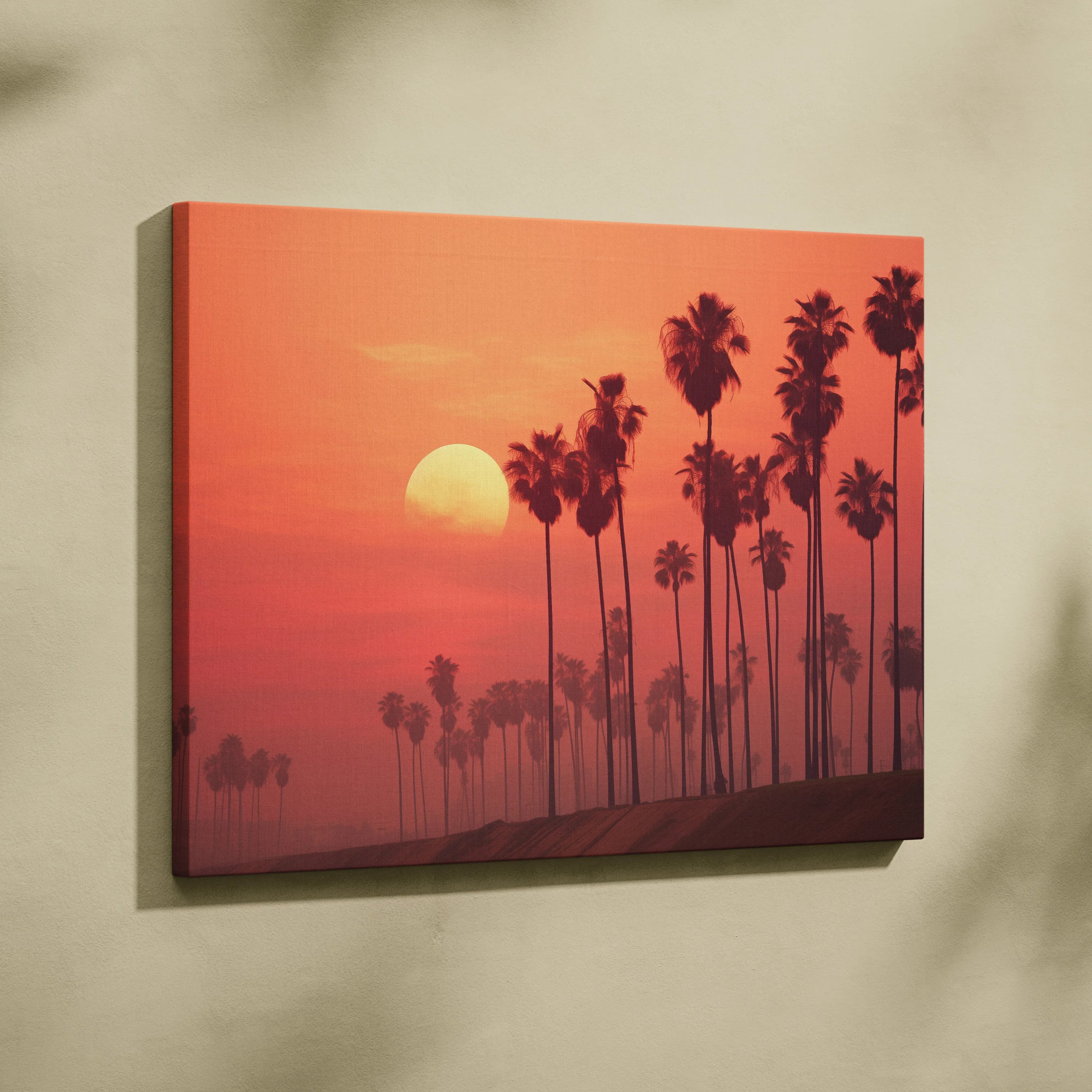 Canvas wall art featuring digital art of tropical palm tree silhouettes at sunset with warm orange tones.