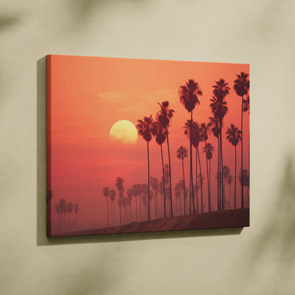 Canvas wall art featuring digital art of tropical palm tree silhouettes at sunset with warm orange tones.