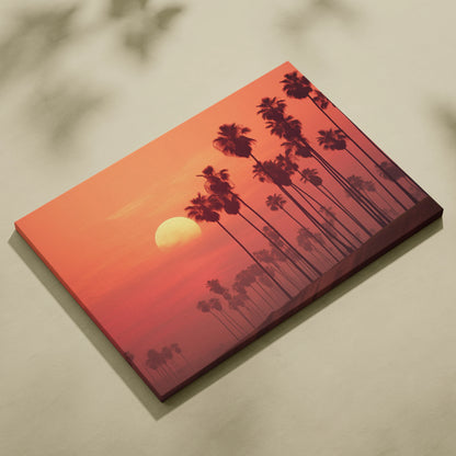 Canvas wall art featuring digital tropical sunset with silhouetted palm trees against an orange sky.