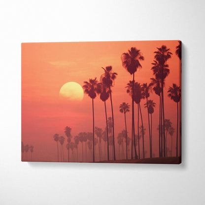 Tropical sunset canvas wall art with palm tree silhouettes in warm orange and pink tones decor.