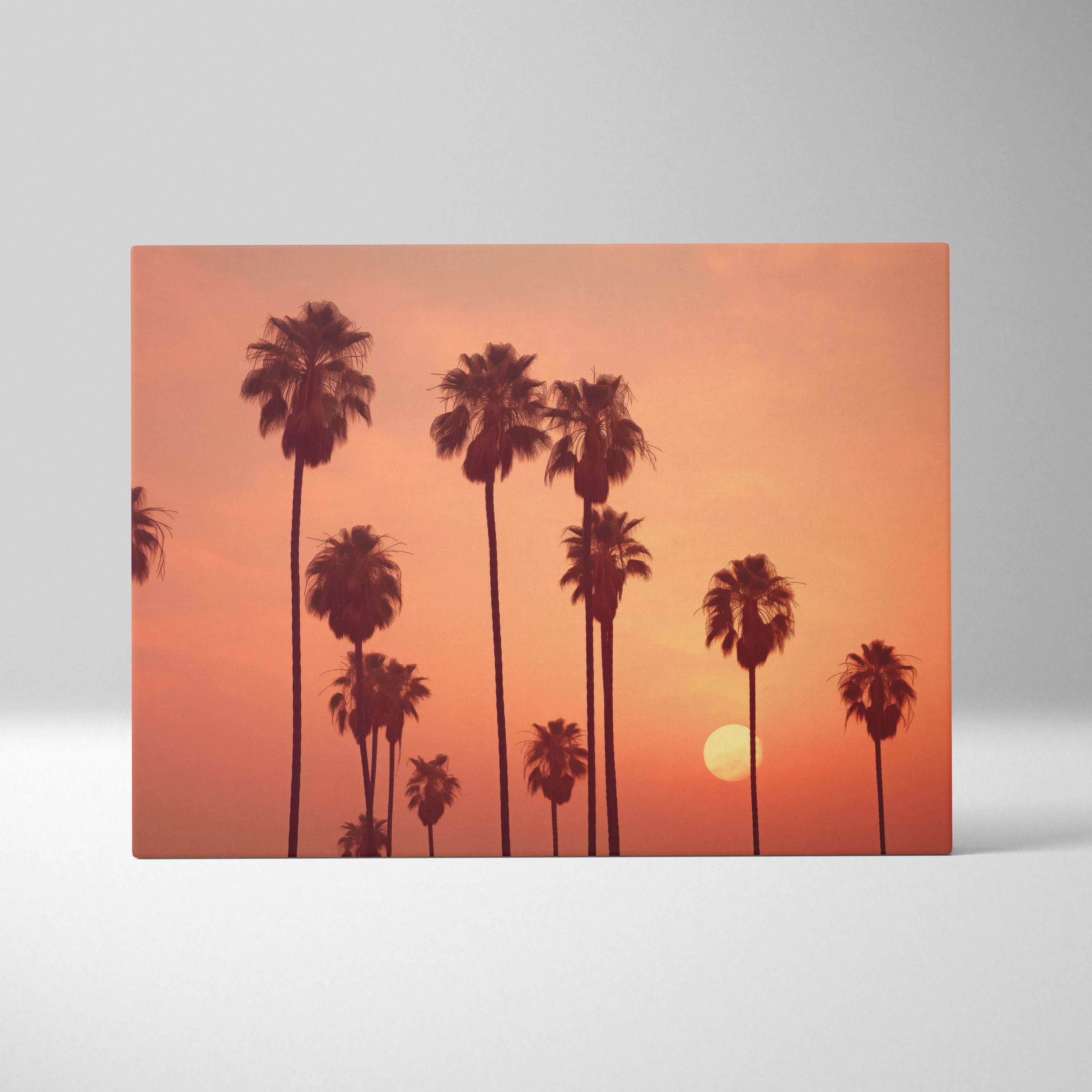Canvas art featuring silhouetted palm trees against a warm orange and pink sunset sky.