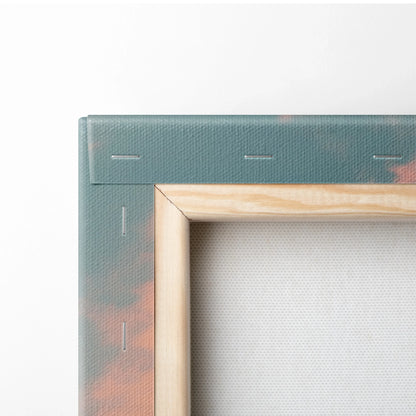 Close-up of a canvas edge with teal and coral tropical sunset colors and natural wood frame corner.